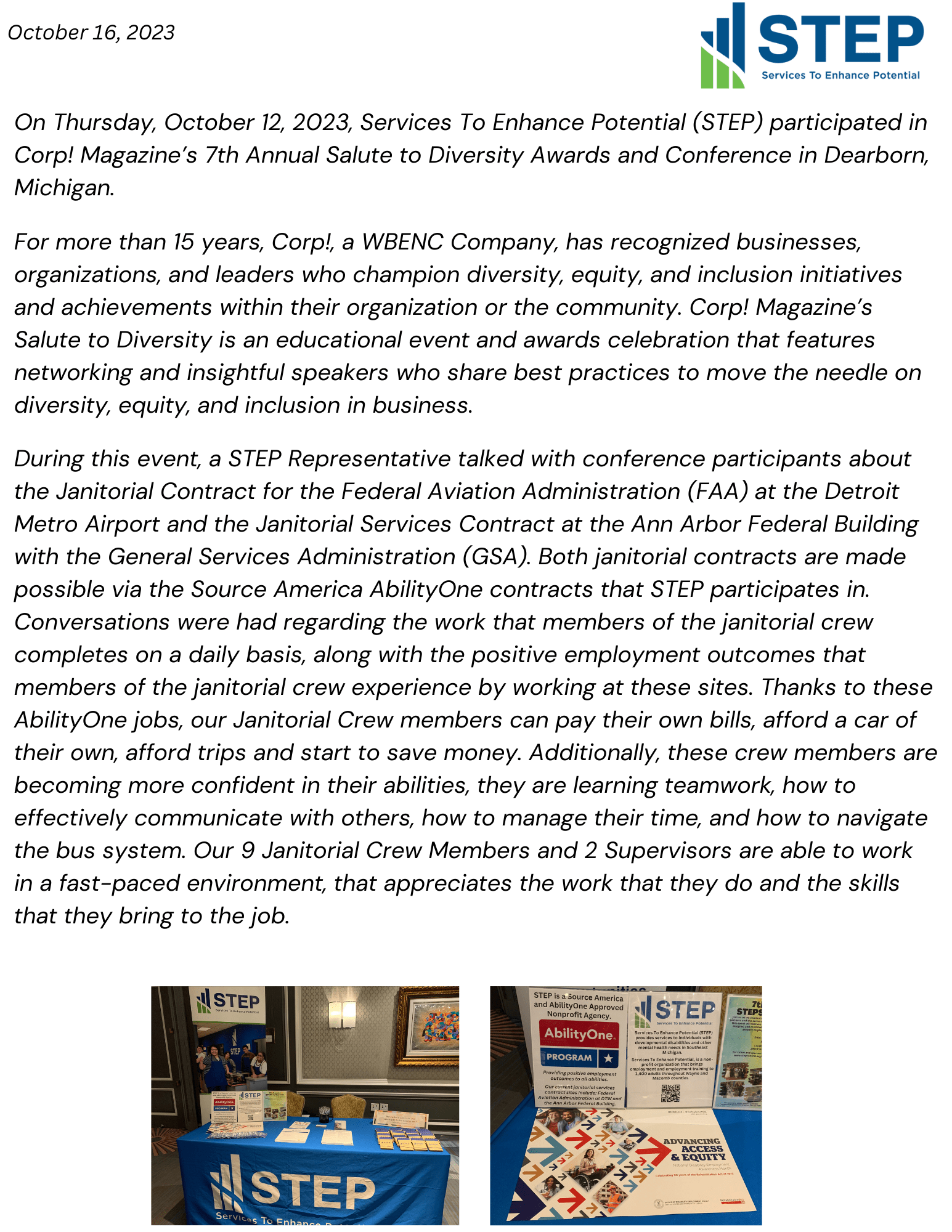 STEP and AbilityOne October 2023 – Services To Enhance Potential